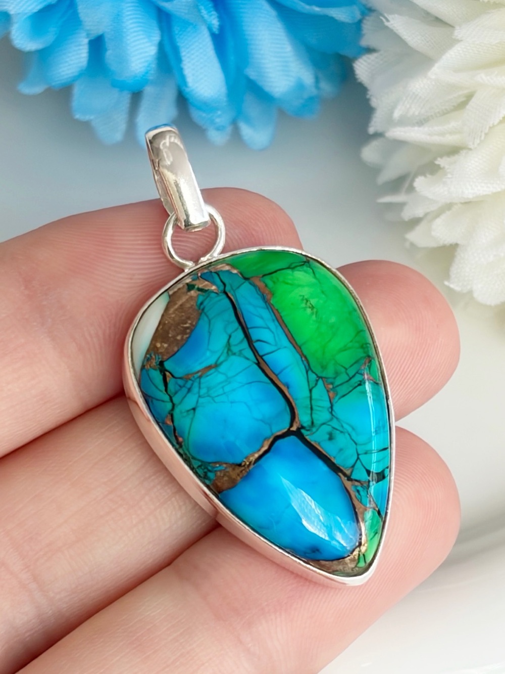 Pure Sterling Silver 925 Genuine Kingman Peacock Dahlia Turquoise Pendant New